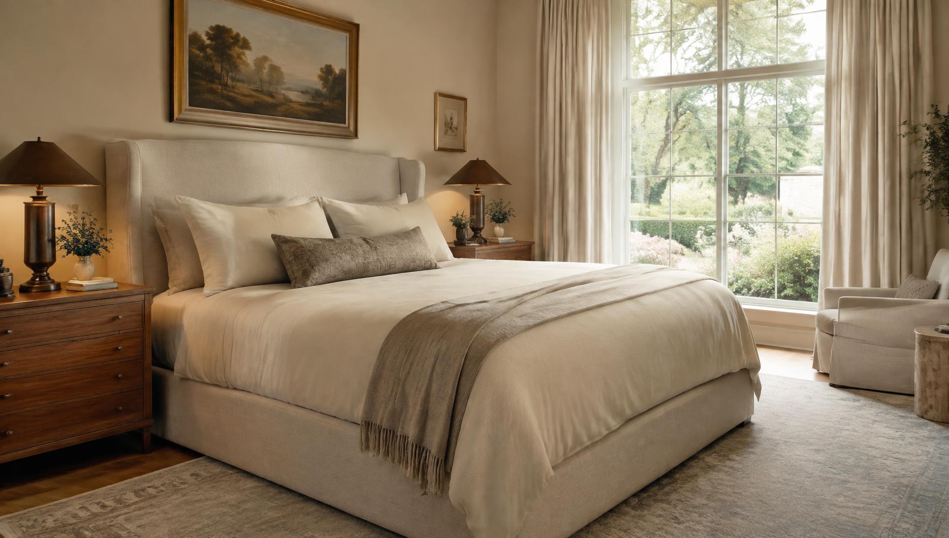 Serene primary bedroom with ivory bedding and warm wood