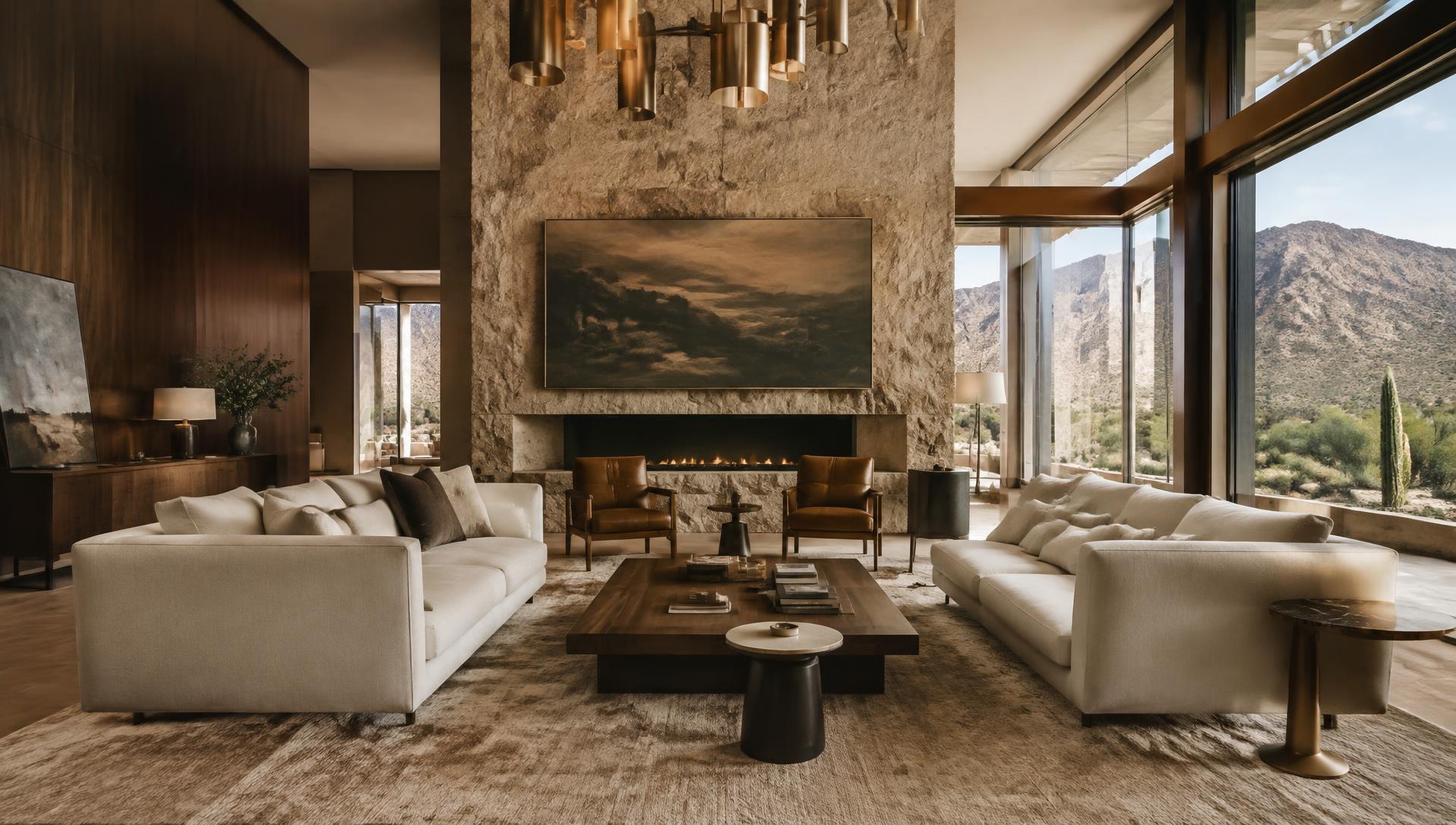 Warm Henderson living room with ivory sofas, walnut table, and bronze chandelier
